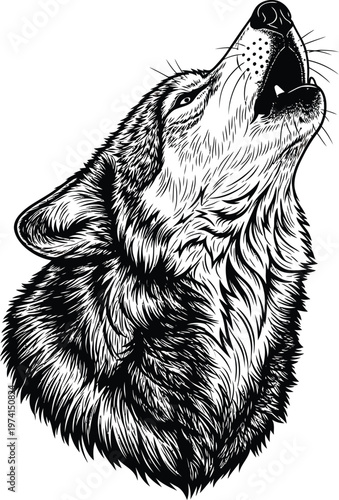Wolf Howling at Moon Black White Illustration