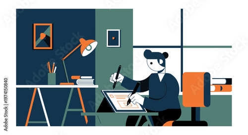 Woman working on graphic tablet in modern home office with orange accents in minimalistic style for business branding