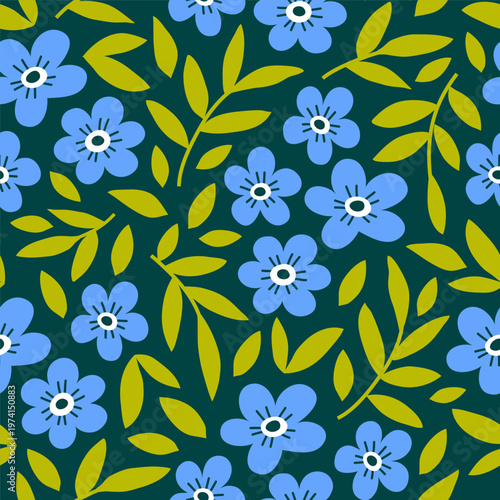 Seamless pattern with blue forget-me-not flowers and bright green leaves on a dark teal background. Hand drawn vector illustration for textiles, wrapping paper, wallpapers.