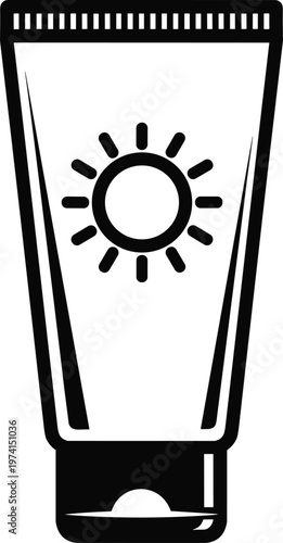 Sunscreen tube with sun symbol, protection against UV rays for skin.
