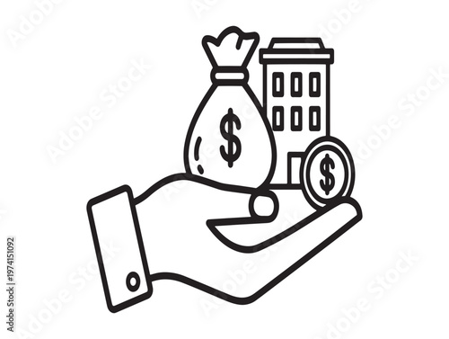 Hand holding money bag and coins with buildings in background financial concept