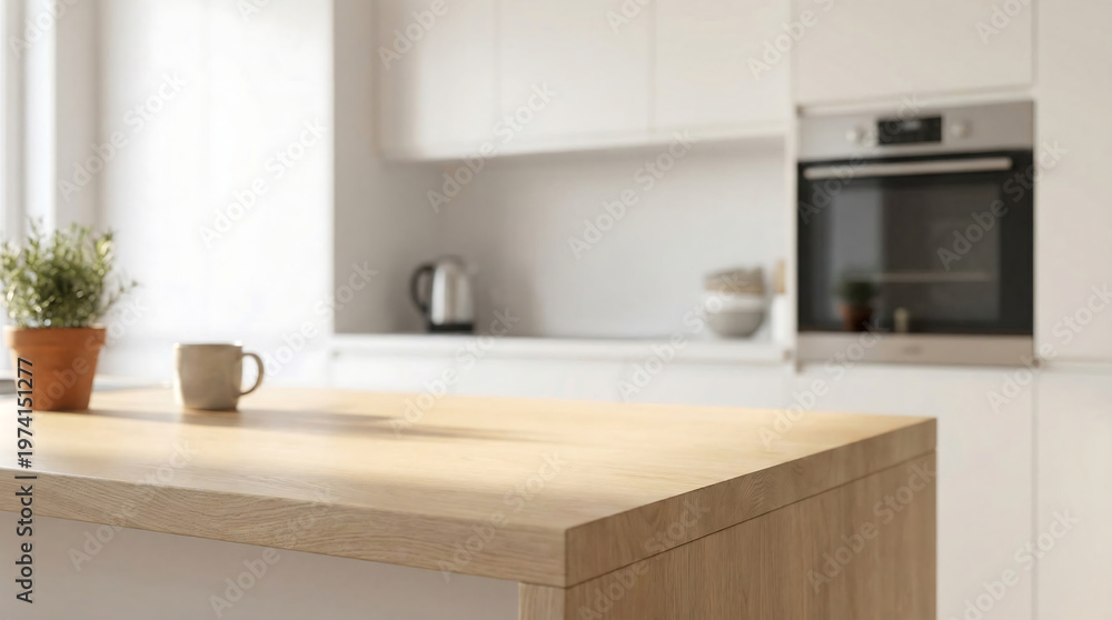 Fototapeta premium Modern wooden kitchen island with potted plant and oven background for home decor website