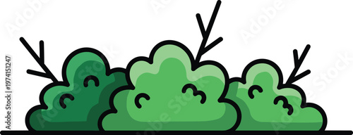 Three green bushes with small branches at top, cartoon style nature vector illustration.