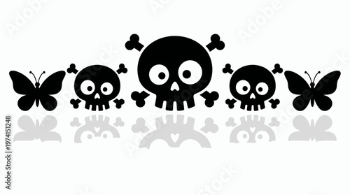 Black skull and crossbones silhouettes with butterfly icons and mirrored reflections on white backdrop, symbolizing gothic aesthetics or creative streetwear graphic design