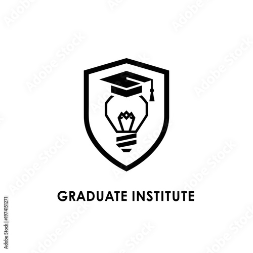 Graduate Institute Logo With Graduation Cap Lightbulb Emblem Inside Shield For Education Branding.