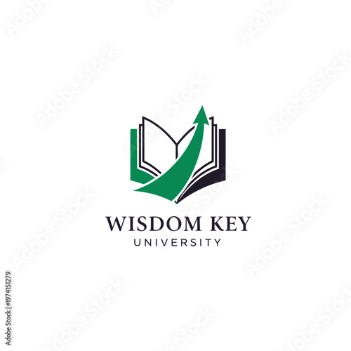 Wisdom Key University Logo Concept With Book and Upward Arrow Symbolizing Education Growth.