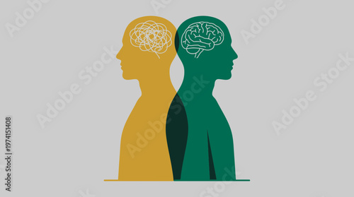 Profile silhouettes of two human heads with tangled and organized brain diagrams, representing mental health progress and symbolizing professional psychological counseling services