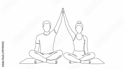 Continuous one line drawing of man and woman sitting in lotus yoga pose touching hands on mats against white background, symbolizing healthy lifestyle and representing mindfulness practices