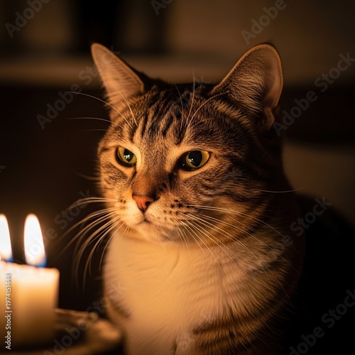 Cat Contemplating Candlelight - A Serene and Focused Portrait.