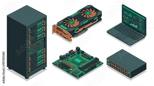 Isometric set of high performance computer hardware including server rack graphics card motherboard and laptop, illustrating cloud computing and representing data center infrastructure