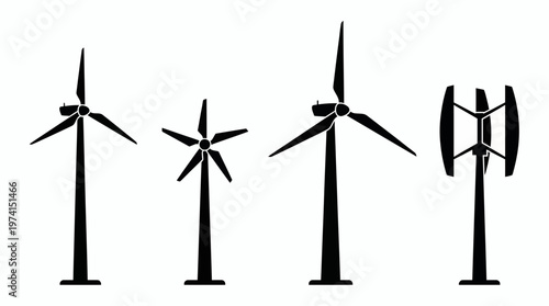 Set of various wind turbine silhouettes featuring horizontal and vertical axis designs on a white background, representing renewable energy systems and symbolizing environmental sustainability