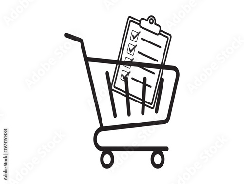 Title shopping cart with checklist a hand drawn illustration for grocery lists and task management description a simple black and white sketch depicts