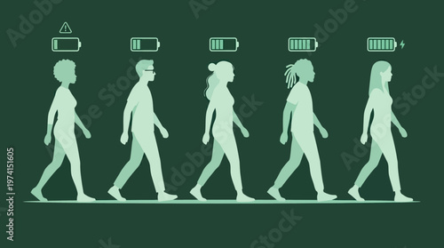 Diverse silhouettes of people walking with battery life indicators above their heads in various stages of charge, symbolizing employee burnout and representing mental health awareness