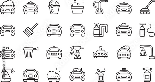 Minimal Auto Cleaning Line Icons with Foam Brush and Vacuum Tools