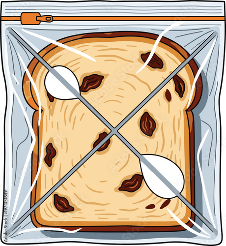 A single piece of raisin bread inside a clear plastic zippered storage bag, top view.