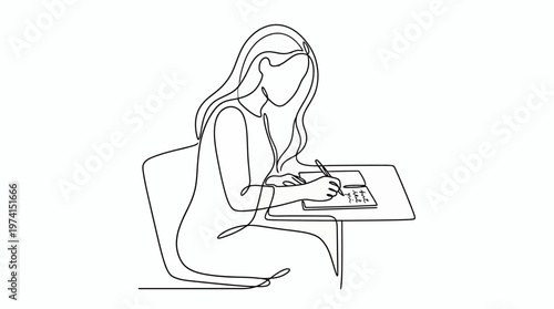 Minimalist continuous line drawing of a young woman sitting and writing in her notebook at a desk on white background, representing educational focus and symbolizing creative storytelling