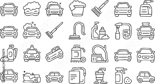 Modern Car Cleaning Icons Featuring Pressure Washer and Equipment