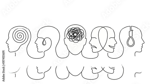 Continuous line art drawing of diverse human profile heads showing mental health conditions like anxiety and depression, illustrating therapy concepts, representing illness awareness