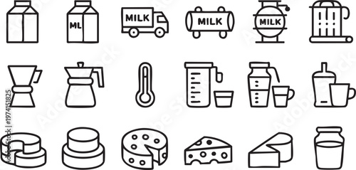 Fresh Dairy Product Icons with Milk Containers and Cheese Varieties