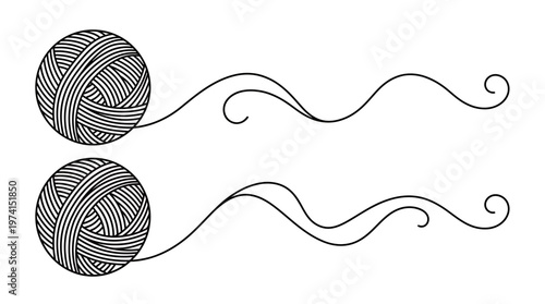 Two minimalist black balls of yarn with wavy thread lines on white background, representing professional handmade knitting crafts and symbolizing a creative sewing hobby branding identity
