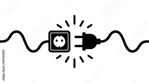 Black minimalist icon of electric plug and socket with wavy cables on white background, symbolizing energy connection and seamless technical integration for global power supply