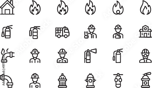 Minimal Firefighter and Extinguisher Line Icons for Safety Systems