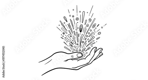 a hand releasing various objects into the air.