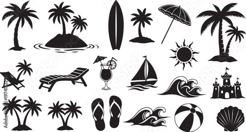 Black and white beach icons and symbols set