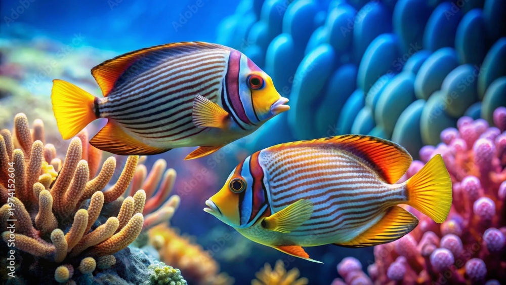 Fototapeta premium Vibrant tropical fish gracefully navigate through a dazzling array of colorful, textured coral formations in a sunlit aquatic paradise