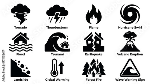 Set of black natural disaster and extreme weather icons including tornado, flood, earthquake and tsunami on white background, representing emergency preparedness, illustrating disaster relief safety