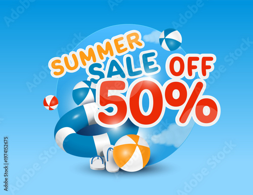 Red text 50% off is placed inside a circle against summer sky and sunlight background with beach volleyball and lifebuoy positioned beside it, vector 3d illustration for summer sale advertising design