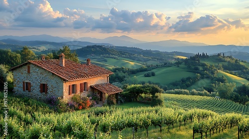 Rustic stone house on vineyard hills at sunset