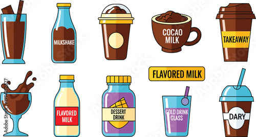 Milk Drinks Vector Set with Milkshake Cocoa Flavored Milk Cold Drink Cups Isolated on White Background