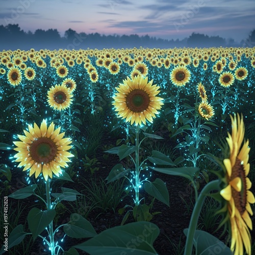 Glowing Sunflowers Field Illuminated at Dusk with Blue Lights.
