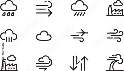 Minimal Cloud Rain and Wind Line Icons for Meteorology Design