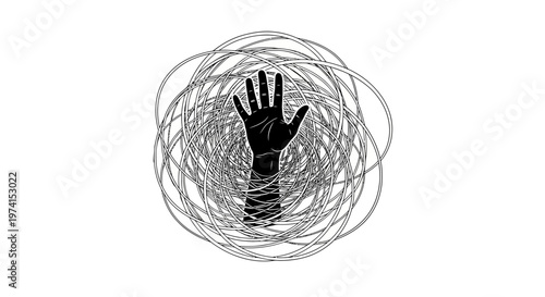 A hand reaching out from tangled wires.