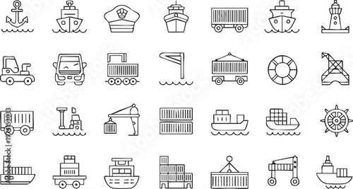 Minimal Container Ship and Truck Line Icons for Logistics Systems