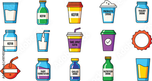 Probiotic Drinks Vector Set with Kefir Yogurt Nutrition Bottles Cups Isolated on White Background