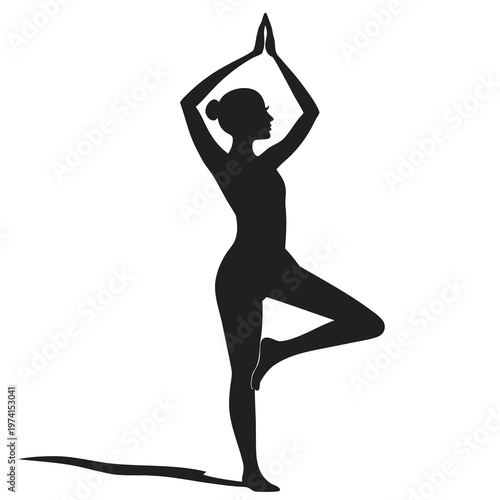 Yoga tree pose silhouette, woman practicing vrikshasana for wellness, black female figure vector icon, meditation and balance exercise