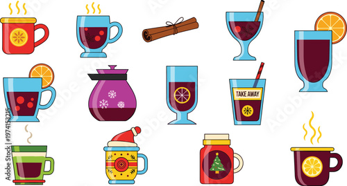 Winter Drinks Vector Set with Mulled Wine Tea Cinnamon Orange Hot Beverage Isolated on White Background