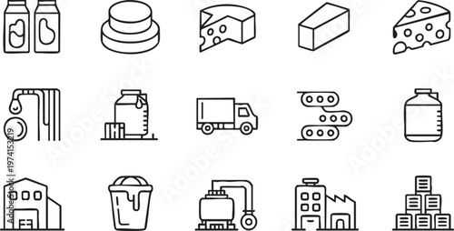 Dairy Production Icons Set for Milk Processing and Food Industry