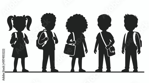 Black silhouettes of diverse school children standing in a row with their backpacks on a white background, representing inclusive primary education, illustrating back to school concept