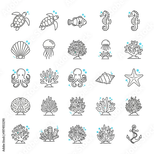 Sea creatures and ocean icons set.