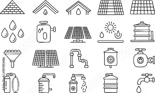 Minimal Solar Panel and Water System Line Icons for Eco Infrastructure