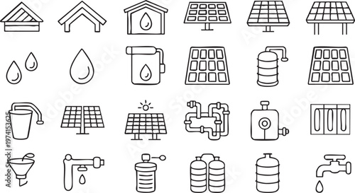 Modern Renewable Resource Icons Featuring Solar Panels and Water Systems