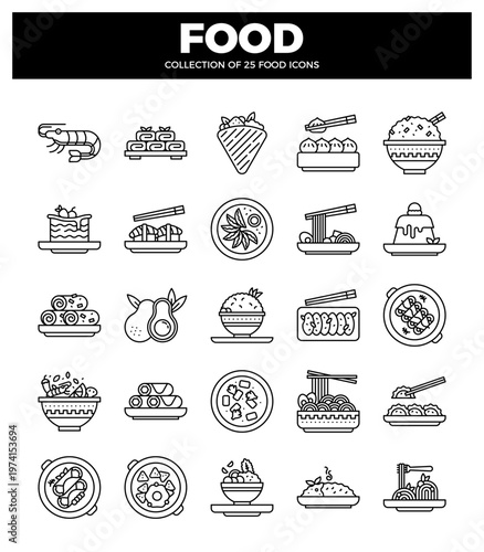 Asian food icons including shrimp. sushi. ramen. and dessert.