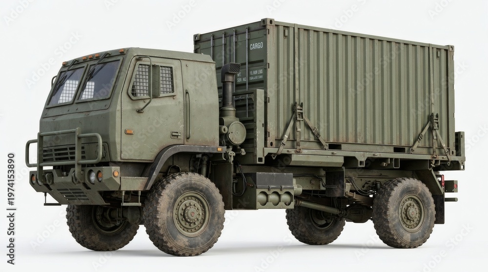 Obraz premium Heavy Duty Military Cargo Truck with Container Module Isolated on Clean Background Modern Tactical Logistics Vehicle for Army Transport Supply and Field Operations High Detail