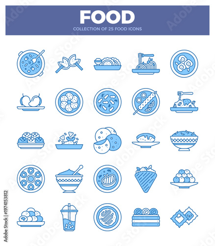 blue outline food icons on a white background with a blue header.  Culinary icons. food preparation. and menu design elements.
