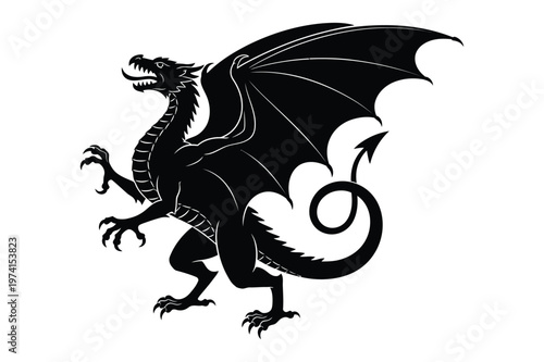 Black silhouette of a fearsome dragon with mythical creature powerful