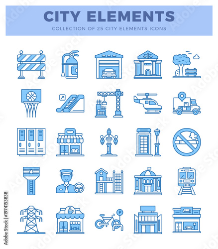 Blue line art city icons with buildings and urban elements.